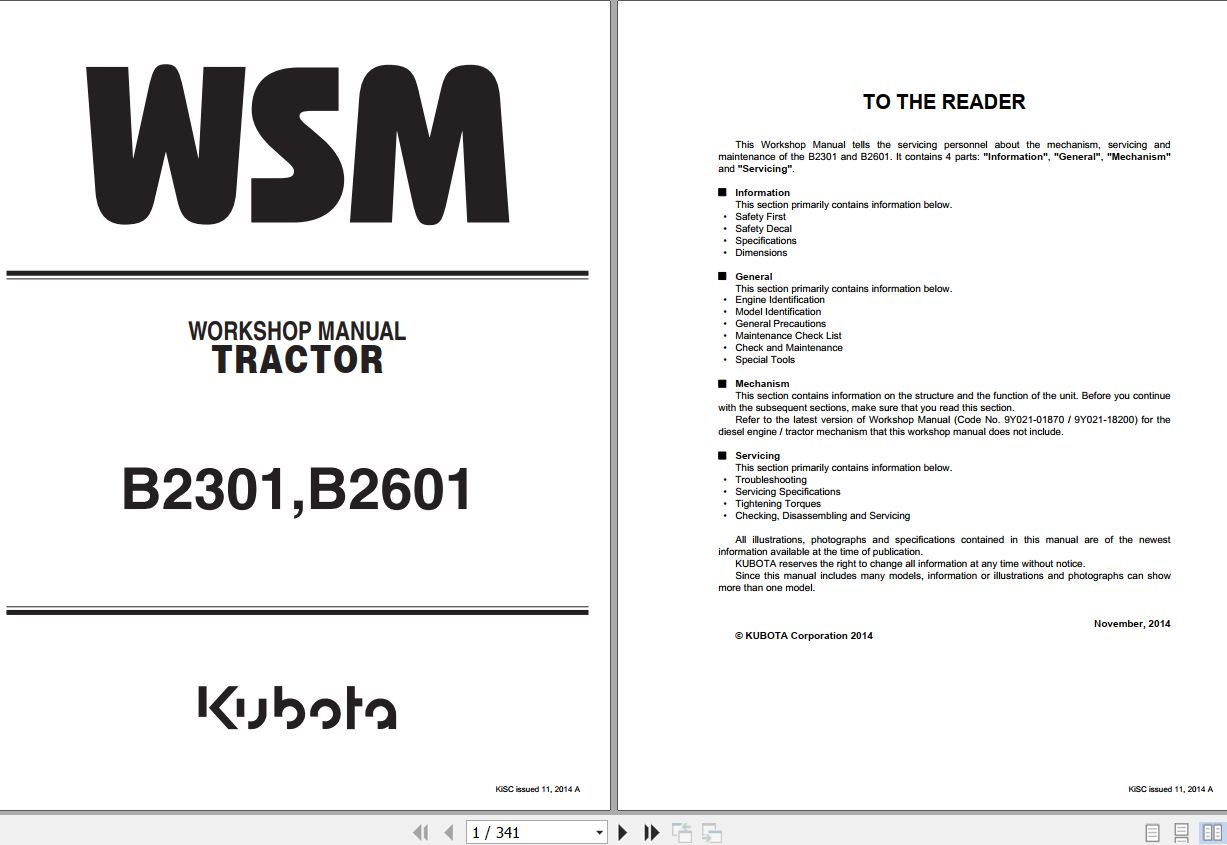 Kubota Tractor B2301 B2601 Workshop Manual 9Y111 11560 1
