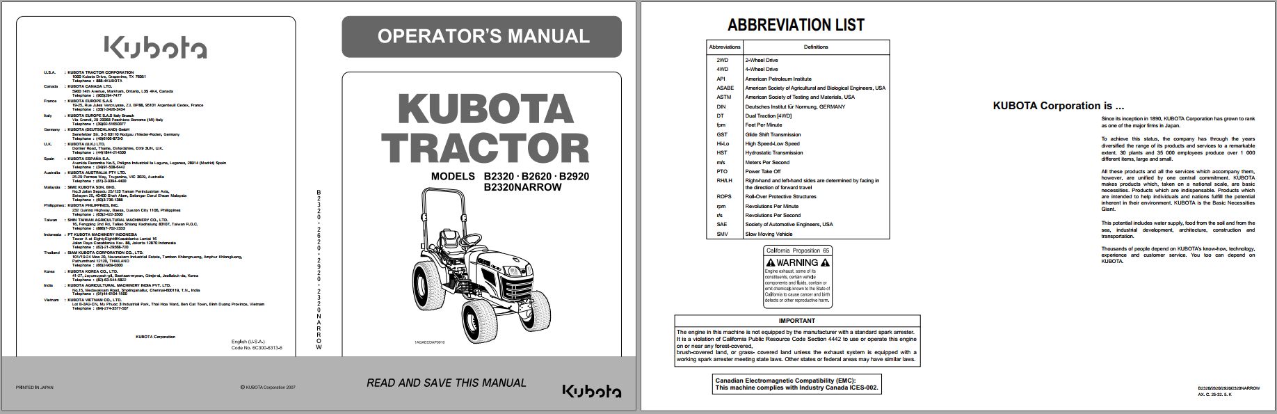 Kubota Tractor B2320 B2620 B2920 Operators Manual 6C300 6313 6 1