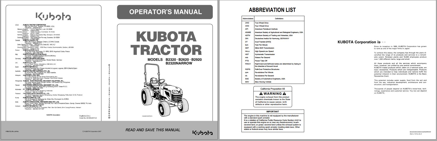 Kubota Tractor B2320 B2920 Operators Manual 6C300 6311 6 1