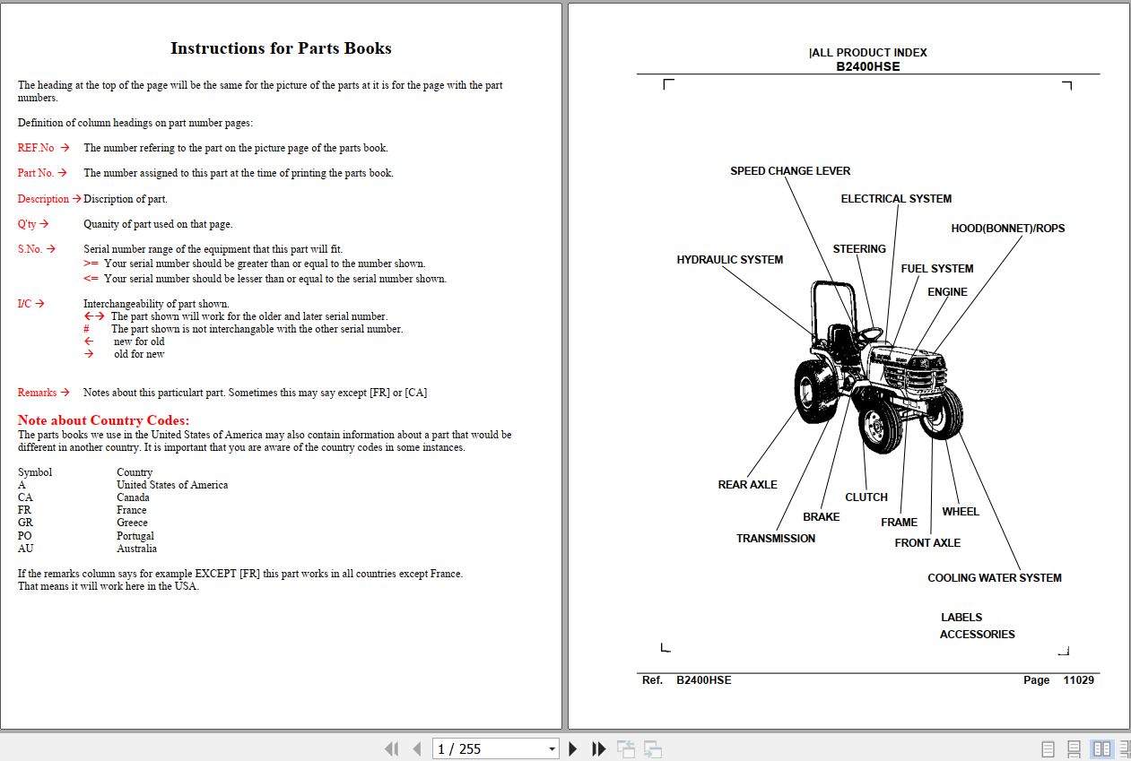 Kubota Tractor B2400HSE Parts Manual 1