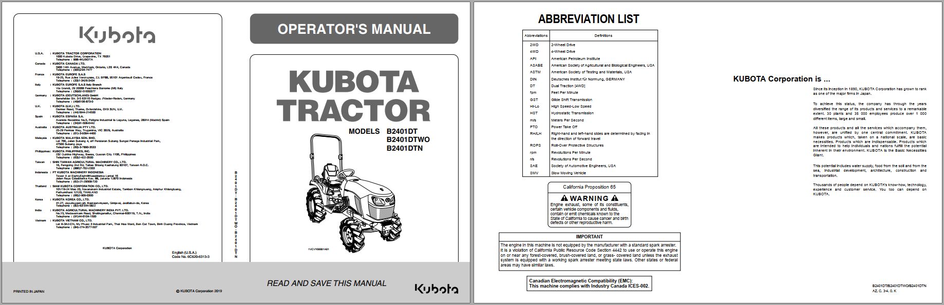 Kubota Tractor B2401 Operators Manual 6C620 6313 3 1