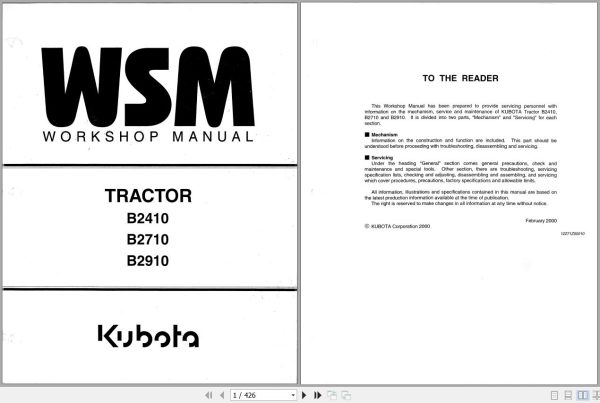 Kubota Tractor B2410 B2710 B2910 Workshop Manual 9Y011 13031 1