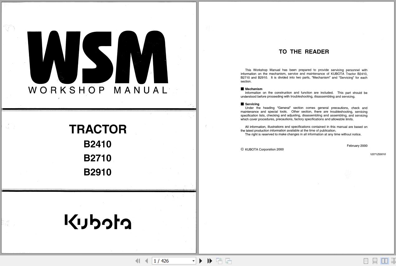 Kubota Tractor B2410 B2710 B2910 Workshop Manual 9Y011 13031 1