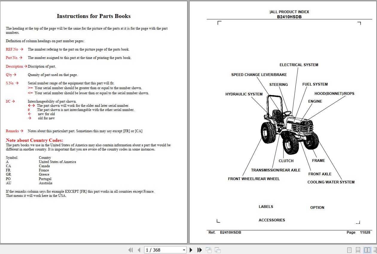 Kubota Tractor B2410HSDB Parts Manual 1