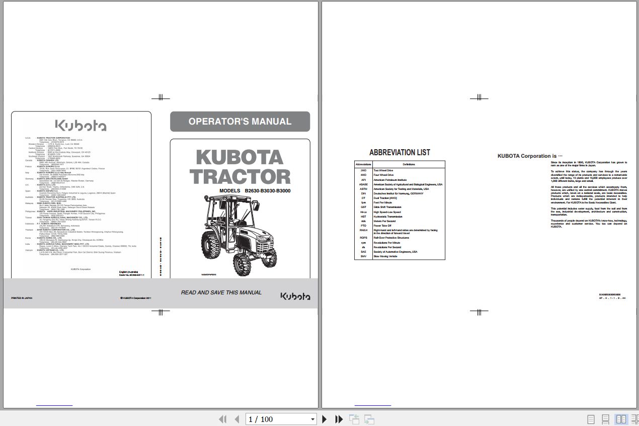Kubota Tractor B2630 B3030 B3000 Operators Manual 6C265 6311 1 1
