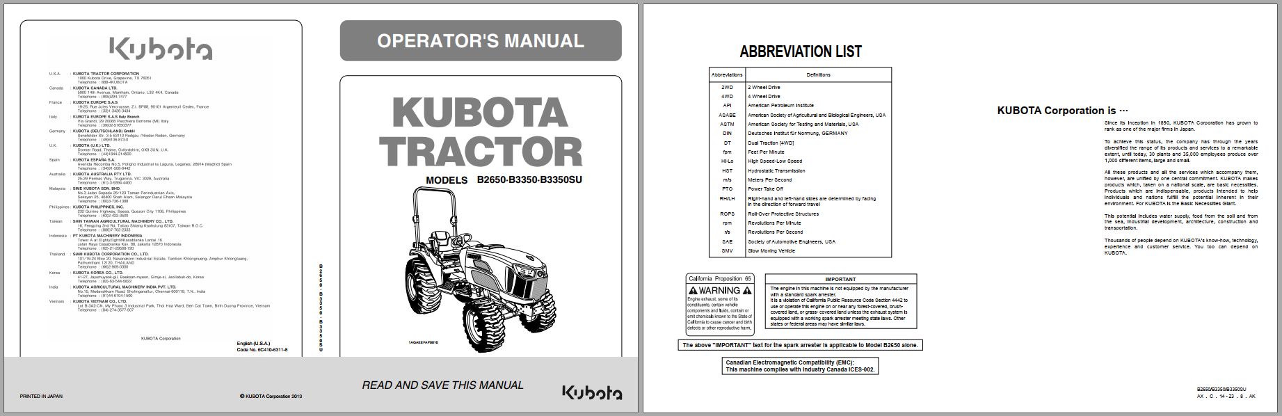 Kubota Tractor B2650 B3350 B3350SU Operators Manual 6C410 6311 8 1