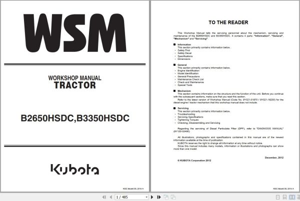 Kubota Tractor B2650 B3350 CAB Workshop Manual 9Y111 08221 1