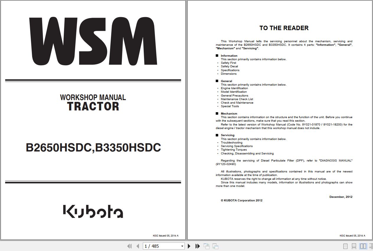 Kubota Tractor B2650 B3350 CAB Workshop Manual 9Y111 08221 1