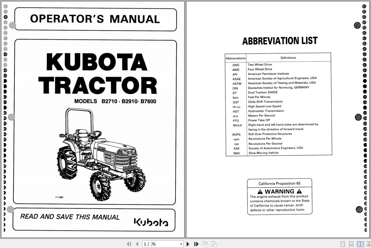 Kubota Tractor B2710 B2910 B7800 Operators Manual 6C170 6311 3 1