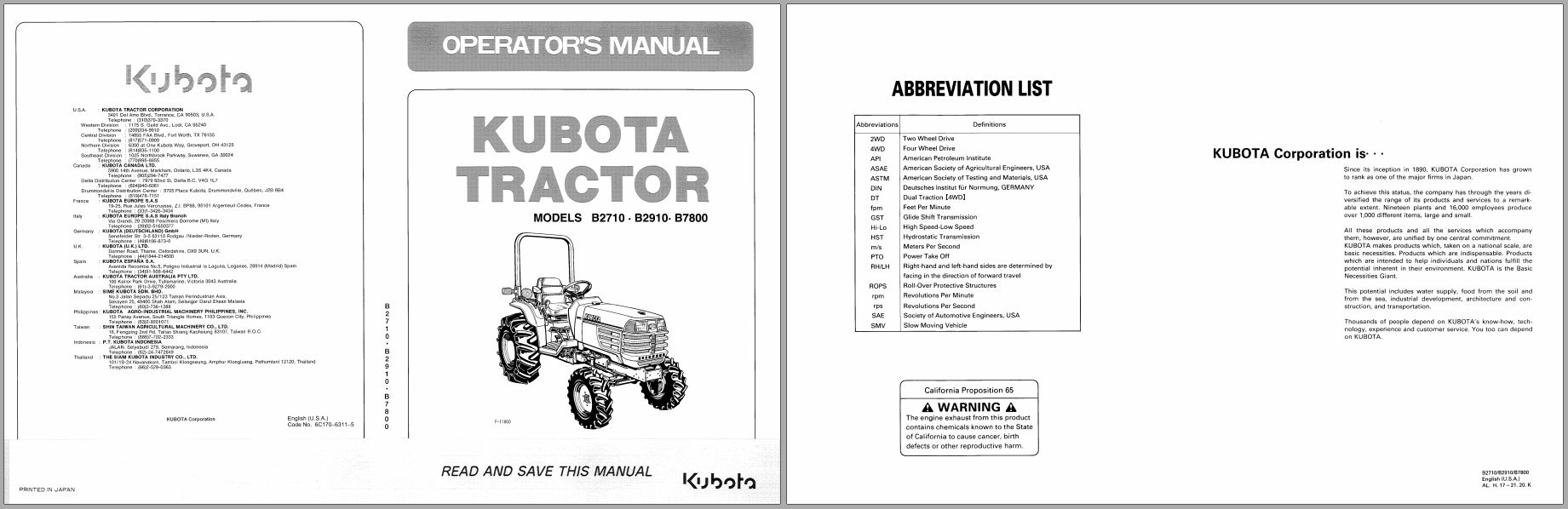 Kubota Tractor B2710 B2910 B7800 Operators Manual 6C170 6311 5 1