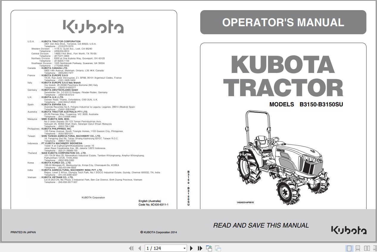 Kubota Tractor B3150 B3150SU Operators Manual 6C435 6311 1 1