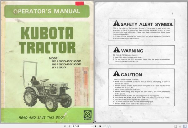Kubota Tractor B5100 B6100 B7100 Operators Manual 66701 6291 9 1