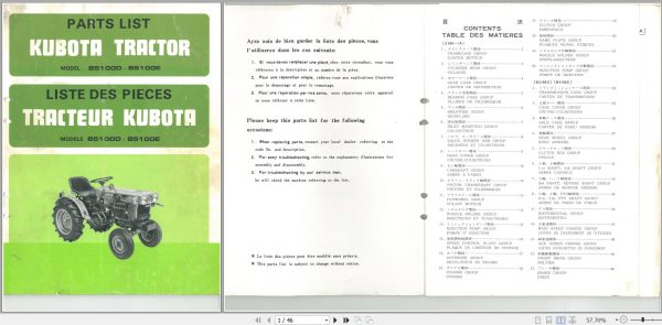Kubota Tractor B5100D B5100E Parts Manual 66496 6292 5 JA 1