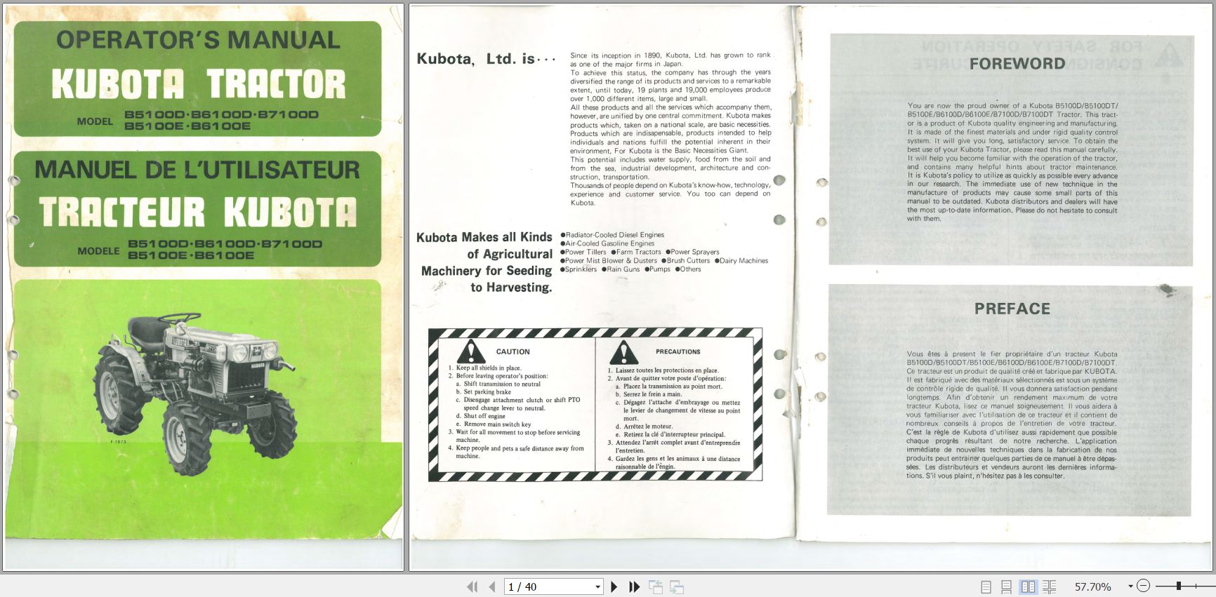 Kubota Tractor B5100D to B7100D Operators Manual 66706 6291 8 1