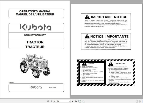 Kubota Tractor B6100HST B7100HST Operators Manual 66206 62915 FR EN 1