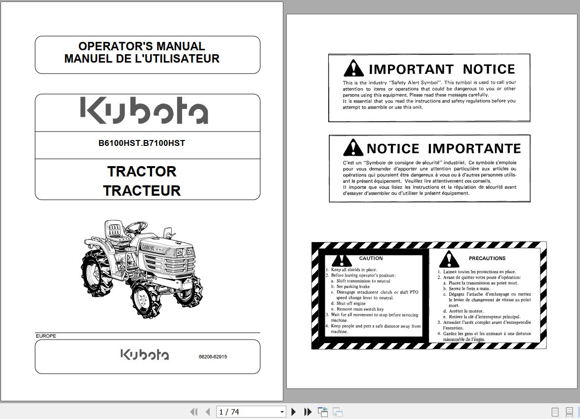Kubota Tractor B6100HST B7100HST Operators Manual 66206 62915 FR EN 1