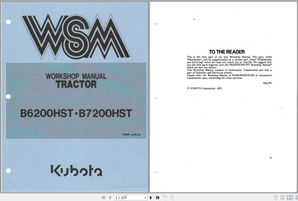 Kubota Tractor B6200HST B7200HST Workshop Manual 97897 10713 1