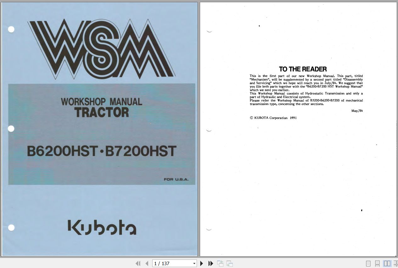 Kubota Tractor B6200HST B7200HST Workshop Manual 97897 10713 1
