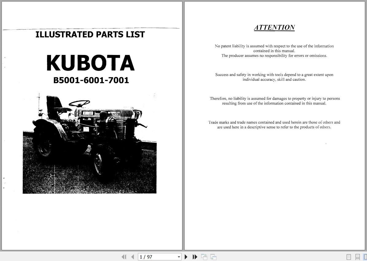 Kubota Tractor B7001 B6001 B5001 Illustrated Parts Manual JA 1
