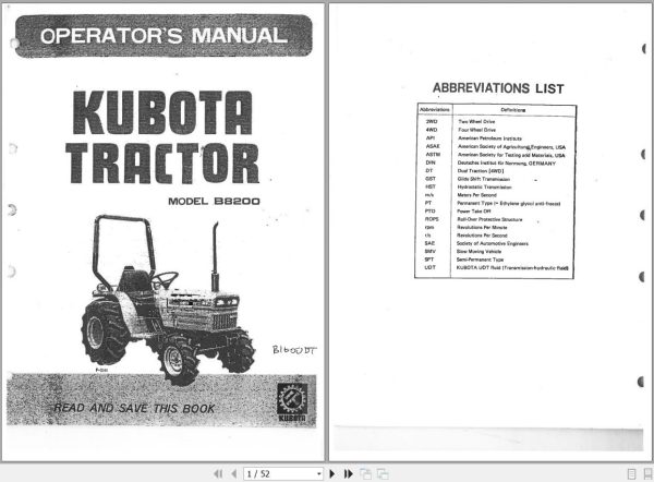 Kubota Tractor B8200 Operators Manual 1