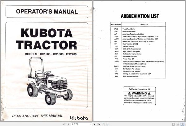 Kubota Tractor BX1500 1800 2200 Operators Manual K2511 7121 1 1