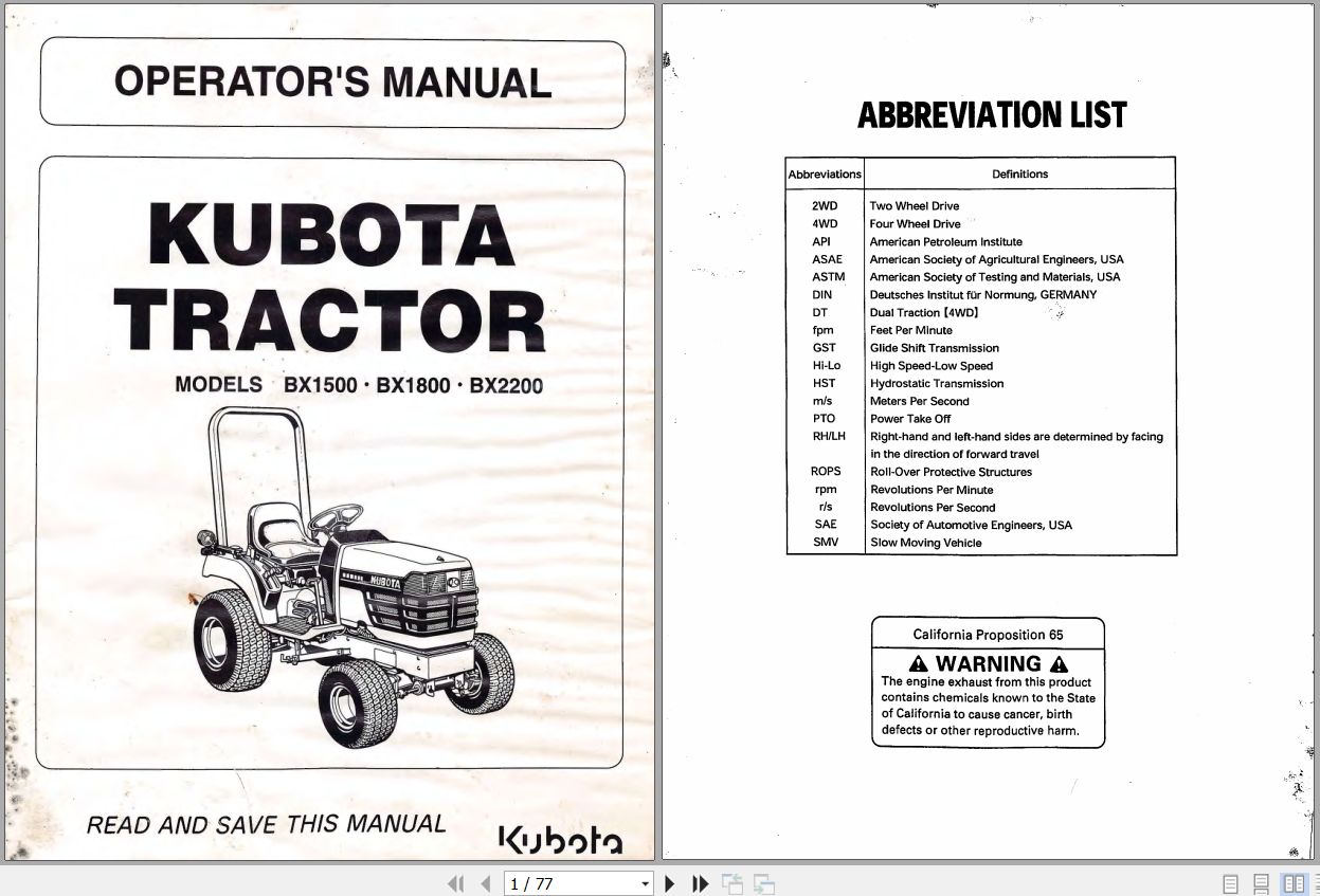 Kubota Tractor BX1500 1800 2200 Operators Manual K2511 7121 1 1