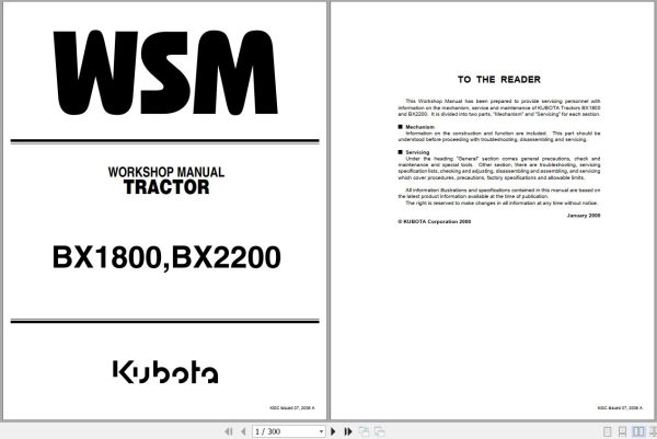 Kubota Tractor BX1800 BX2200 Workshop Manual 9Y011 12463 1
