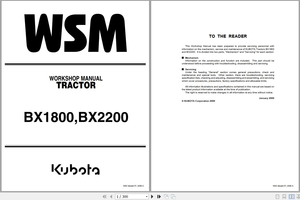 Kubota Tractor BX1800 BX2200 Workshop Manual 9Y011 12463 1