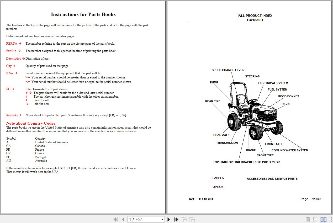 Kubota Tractor BX1830D Parts Manual 1
