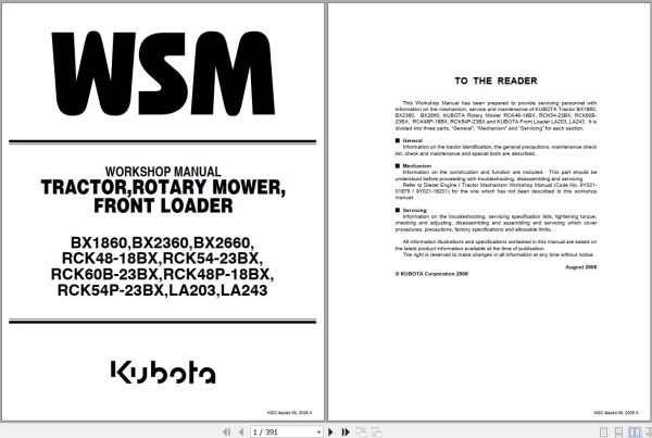 Kubota Tractor BX1860 to LA243 Workshop Manual 9Y111 01951 1