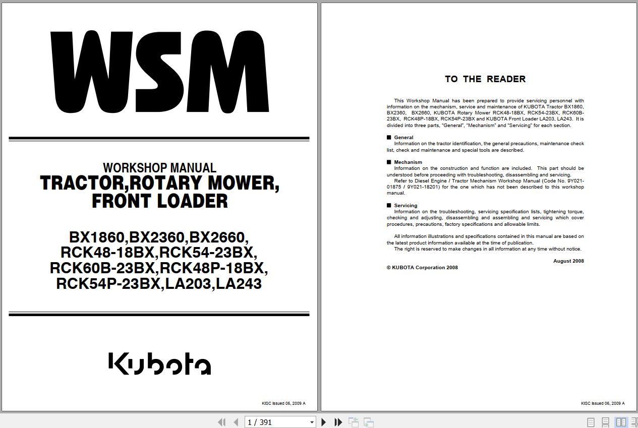 Kubota Tractor BX1860 to LA243 Workshop Manual 9Y111 01951 1