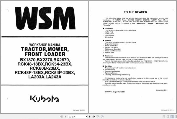 Kubota Tractor BX1870 2370 2670 Workshop Manual 9Y111 08550 1