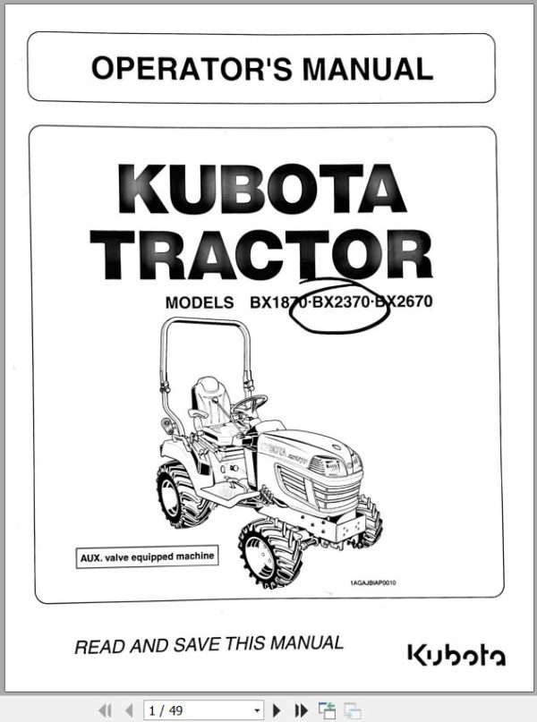 Kubota Tractor BX1870 BX2370 BX2670 Operators Manual K2771 7121 1 1