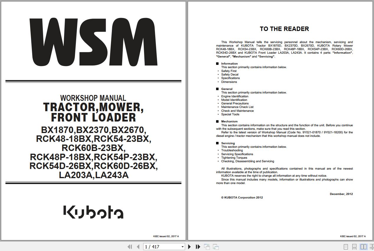 Kubota Tractor BX1870 to LA243A Workshop Manual 9Y111 08554 1
