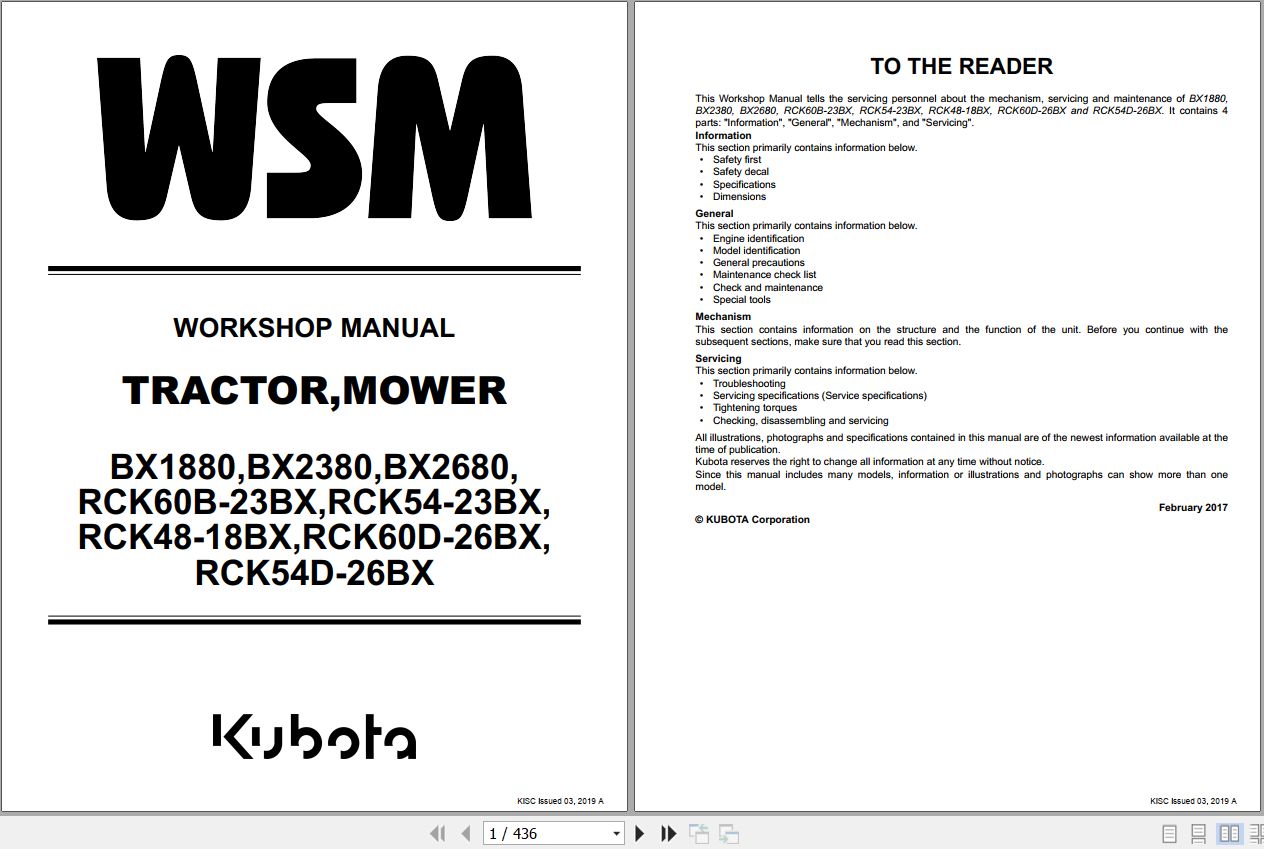 Kubota Tractor BX1880 to RCK54D 26BX Workshop Manual 9Y111 16342 1