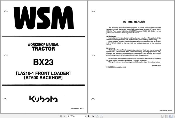 Kubota Tractor BX23 Workshop Manual 9Y011 13220 1