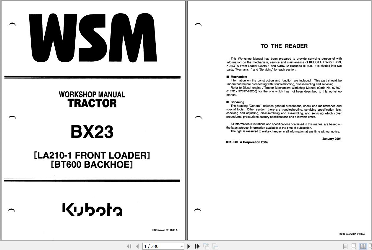 Kubota Tractor BX23 Workshop Manual 9Y011 13220 1