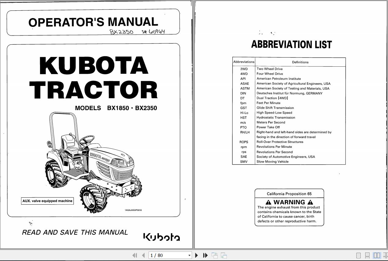 Kubota Tractor BX2350 BX2350 Operators Manual K2581 7121 2 1