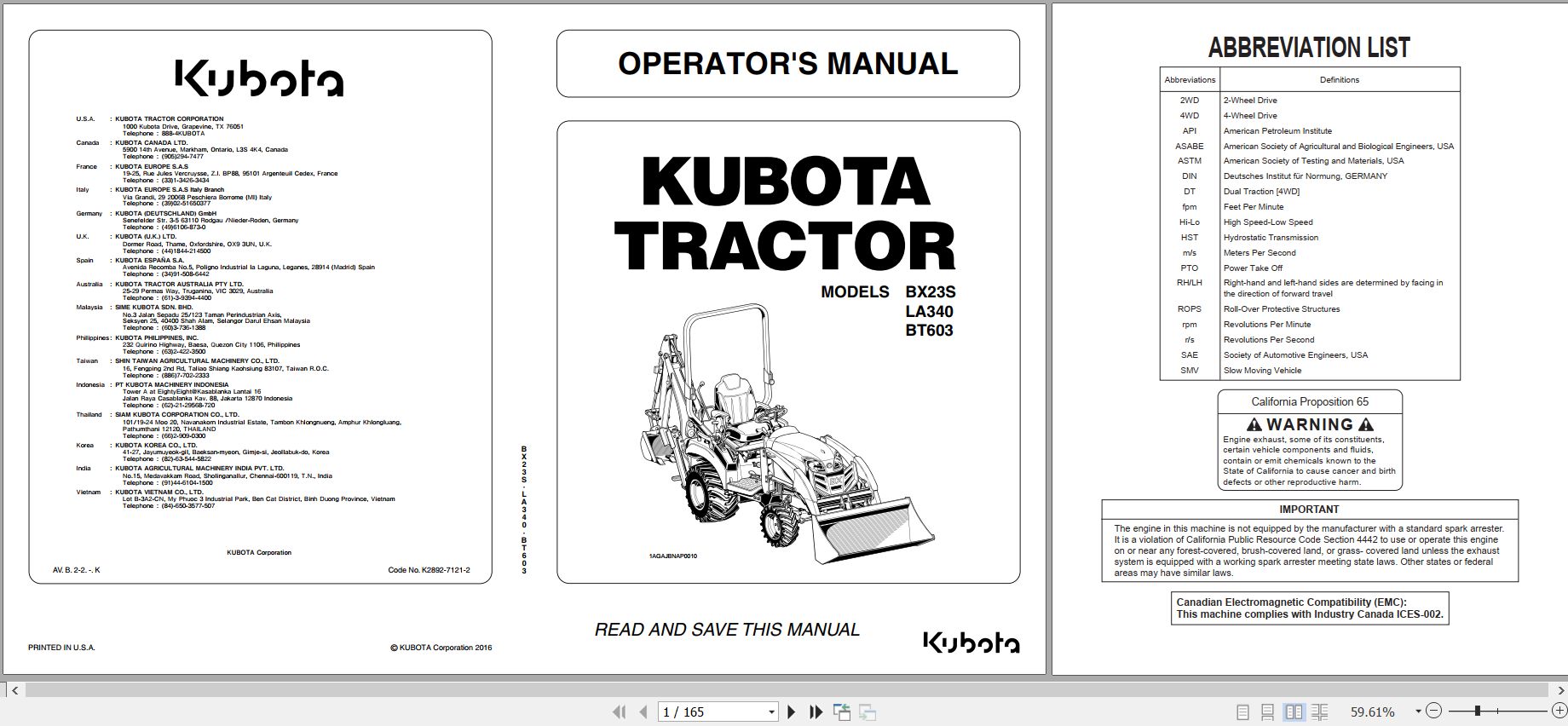 Kubota Tractor BX23S LA340 BT603 Operators Manual K2892 7121 2 1