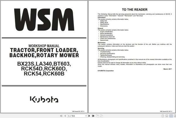 Kubota Tractor BX23S to RCK60B Workshop Manual 9Y111 16500 1
