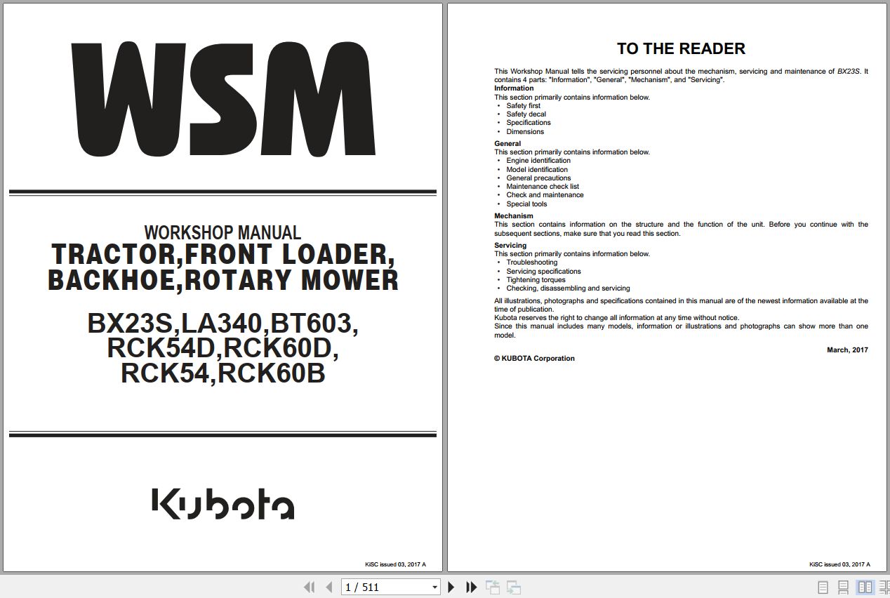 Kubota Tractor BX23S to RCK60B Workshop Manual 9Y111 16500 1