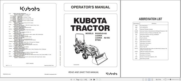 Kubota Tractor BX25DLB to BT602 Operators Manual K2792 7125 1 1