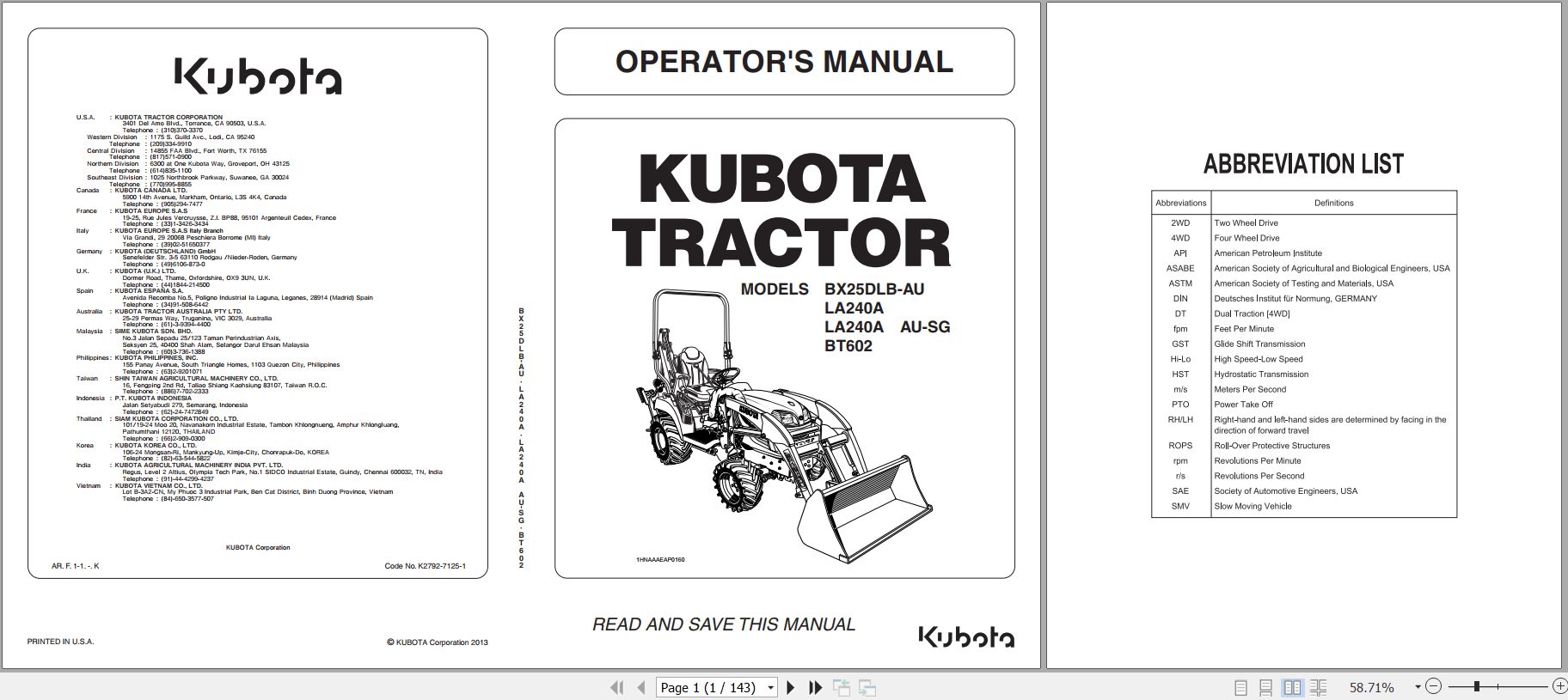 Kubota Tractor BX25DLB to BT602 Operators Manual K2792 7125 1 1