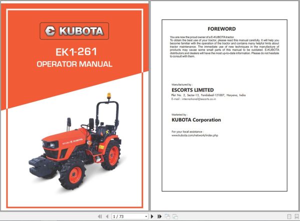 Kubota Tractor EK1 261 Operators Manual 1