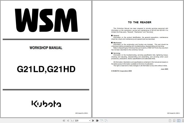 Kubota Tractor G21LD G21HD Workshop Manual 9Y011 15091 1