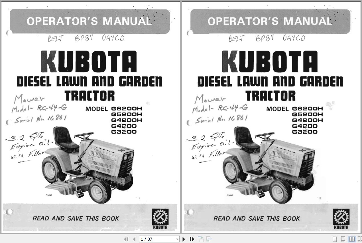 Kubota Tractor G3200 to G6200H Operators Manual 66021 6291 9 1