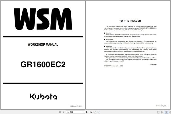 Kubota Tractor GR1600EC2 RCK42GREC2 Workshop Manual 9Y111 15560 1