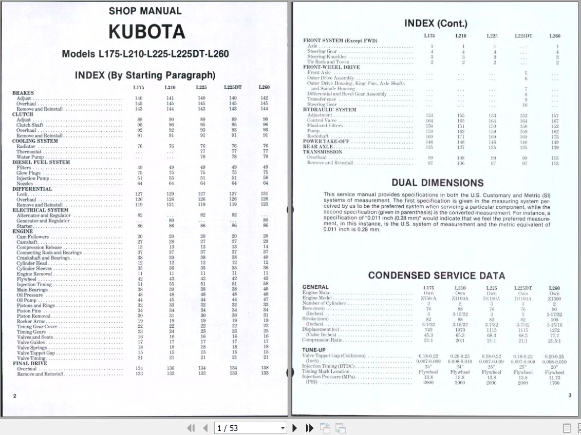 Kubota Tractor L175 L210 L225 L225DT L260 Workshop Manual 1