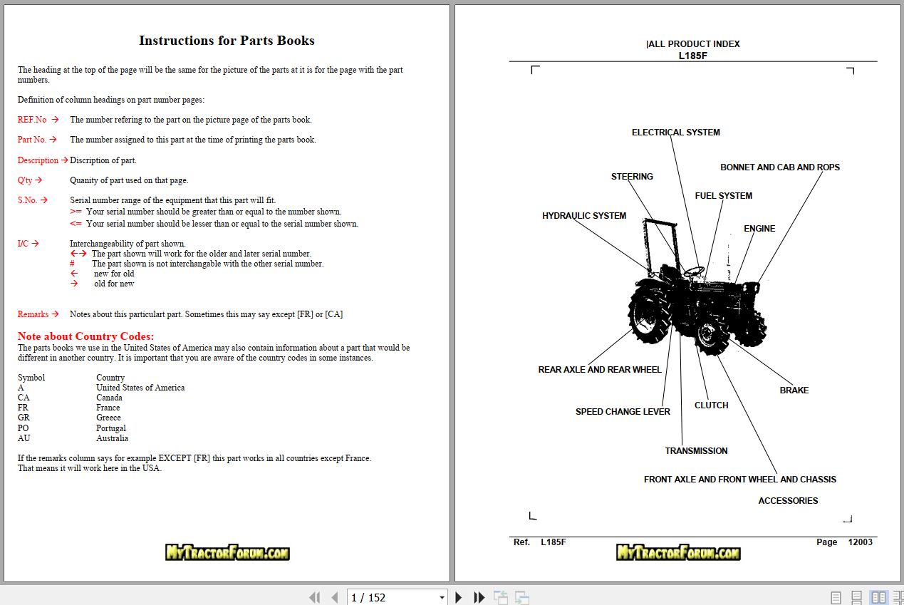Kubota Tractor L185F Parts Manual 1