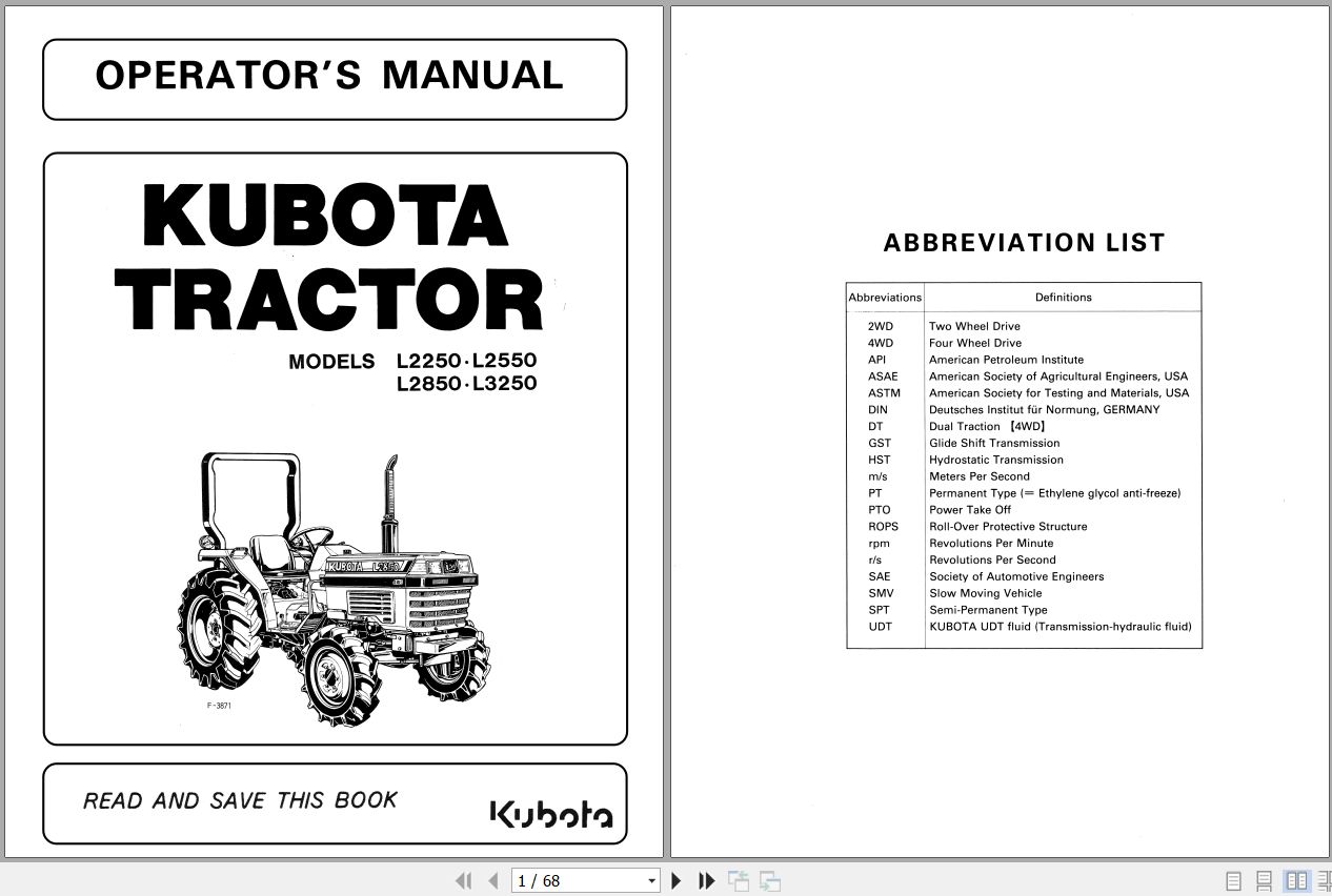 Kubota Tractor L2250 L2550 L2850 L3250 Operators Manual 32430 1972 1 1